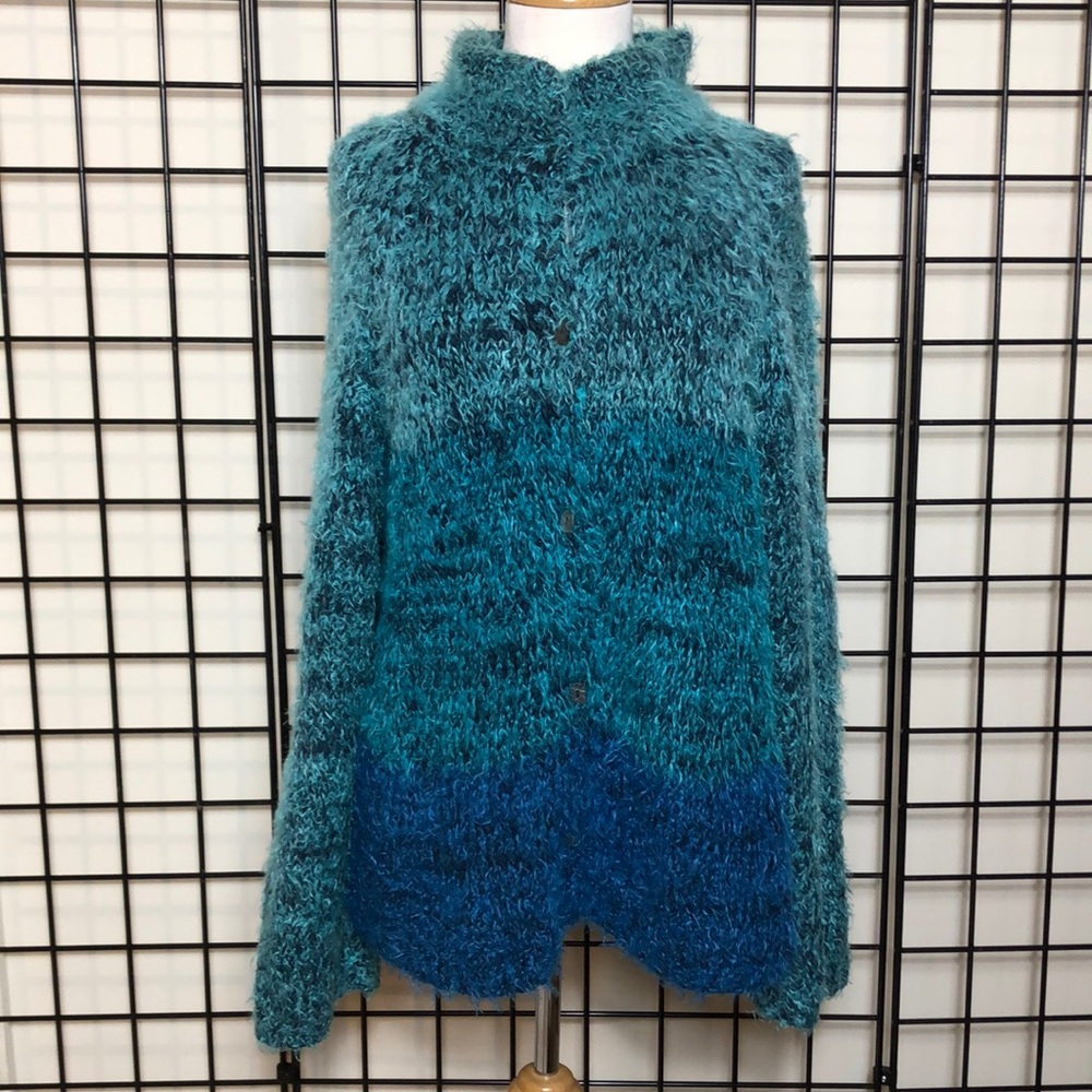 Sigrid Olsen Sport Cardigan Sweater Eyelash Blues & Greens Sz L Raglan Sleeves